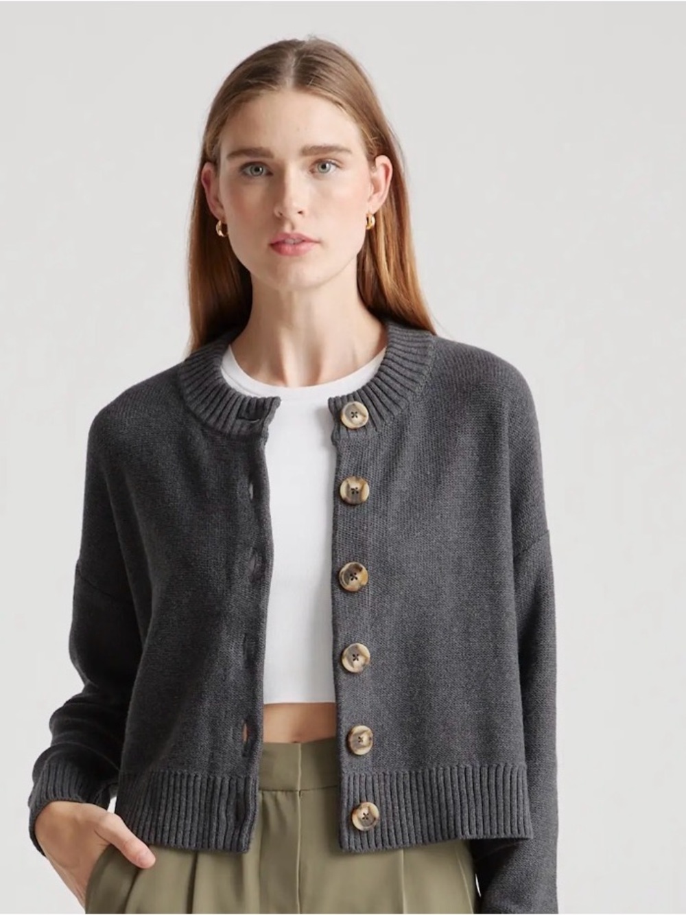 Quince Charcoal Organic Cotton Gray Button-Front Cropped Cardigan Small